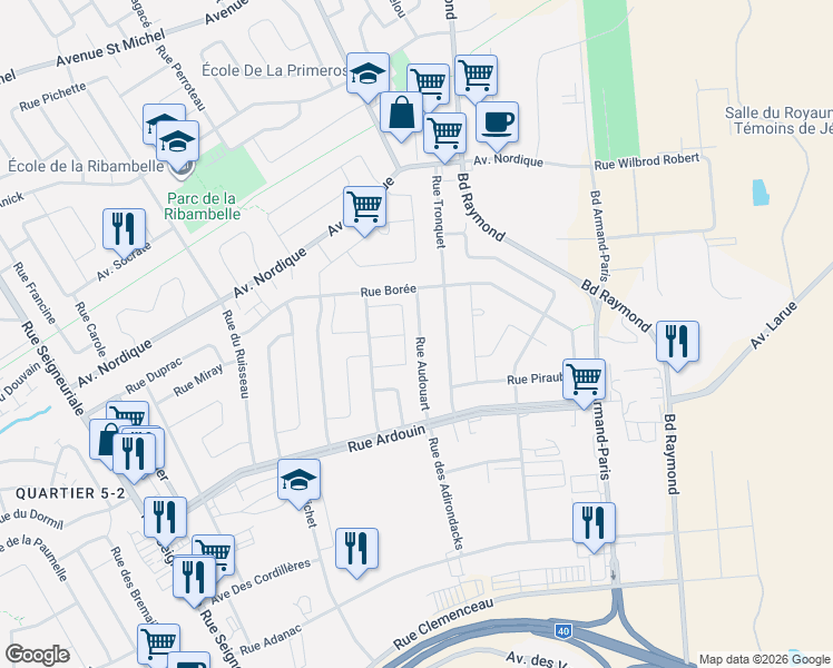 map of restaurants, bars, coffee shops, grocery stores, and more near 431 Rue Audouart in Québec