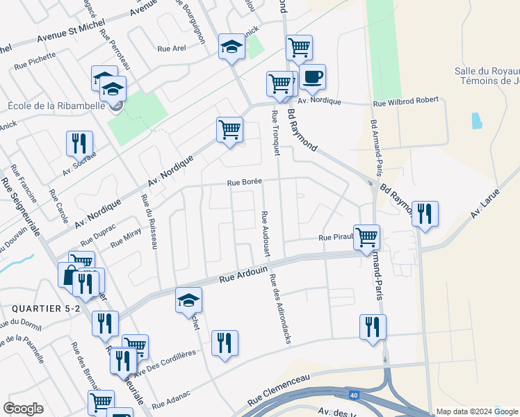 map of restaurants, bars, coffee shops, grocery stores, and more near 431 Rue Audouart in Québec