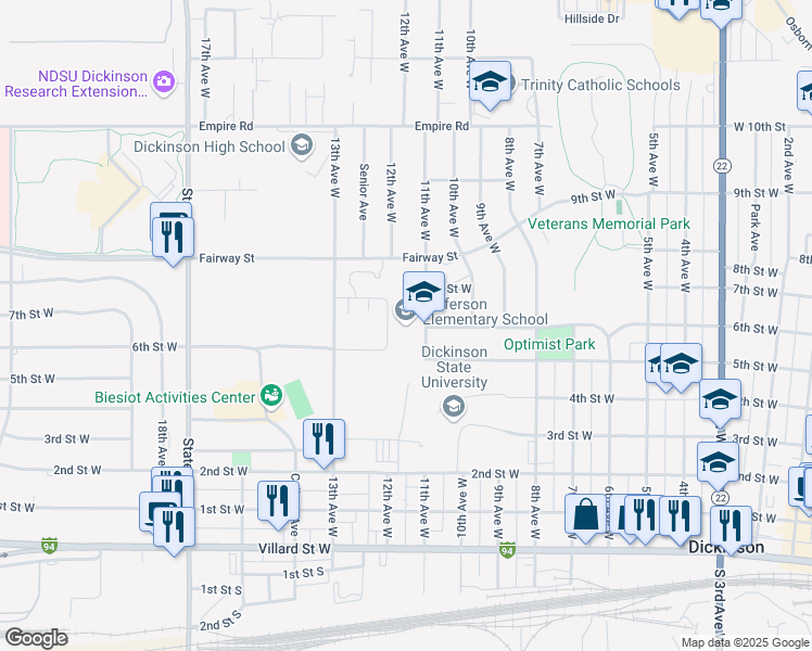 map of restaurants, bars, coffee shops, grocery stores, and more near 599 11th Avenue West in Dickinson