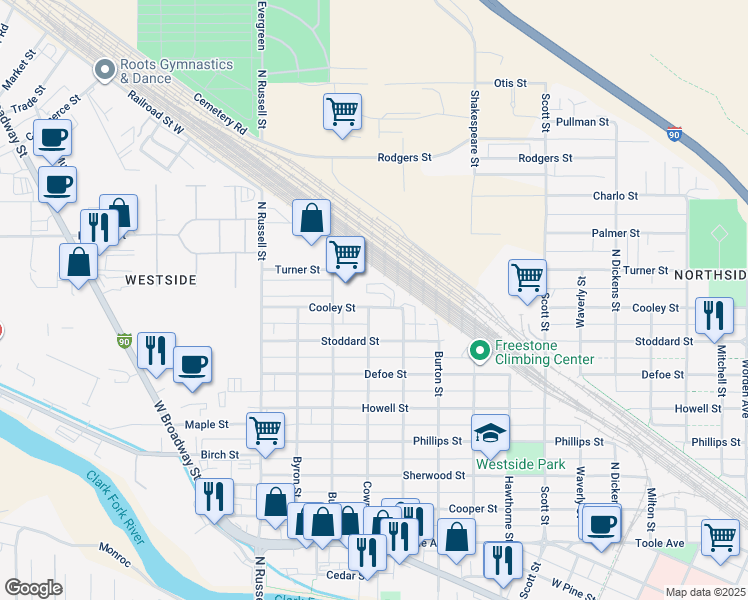 map of restaurants, bars, coffee shops, grocery stores, and more near 1510 Cooley Street in Missoula