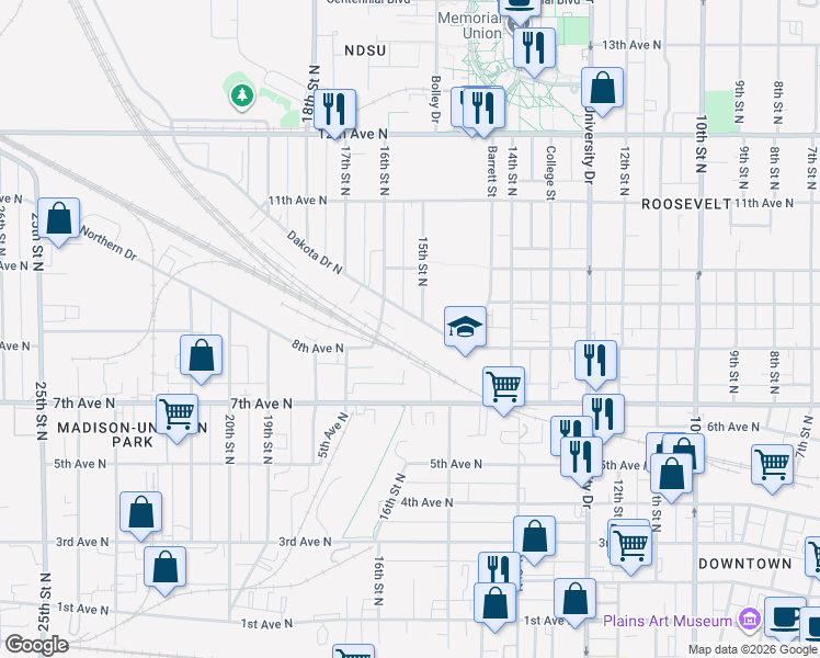 map of restaurants, bars, coffee shops, grocery stores, and more near 1502 Dakota Drive North in Fargo