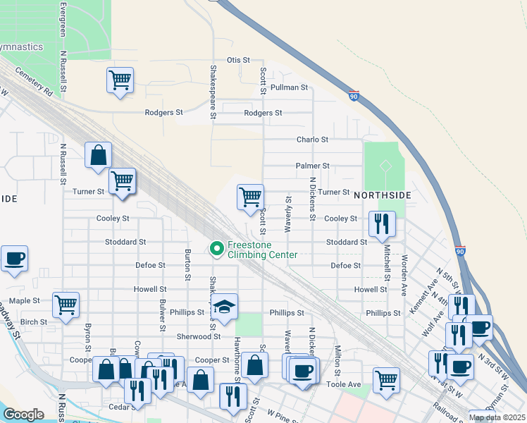 map of restaurants, bars, coffee shops, grocery stores, and more near 1424 Scott St in Missoula