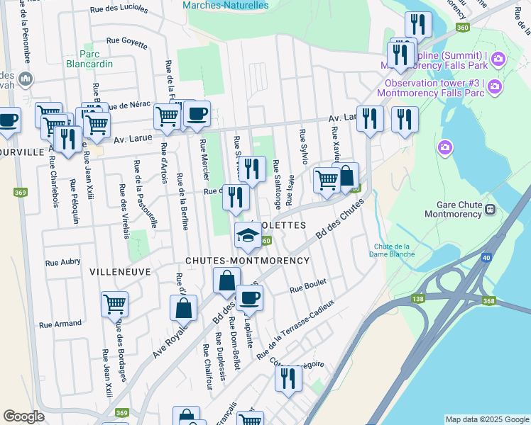 map of restaurants, bars, coffee shops, grocery stores, and more near 2315 Avenue Royale in Quebec City