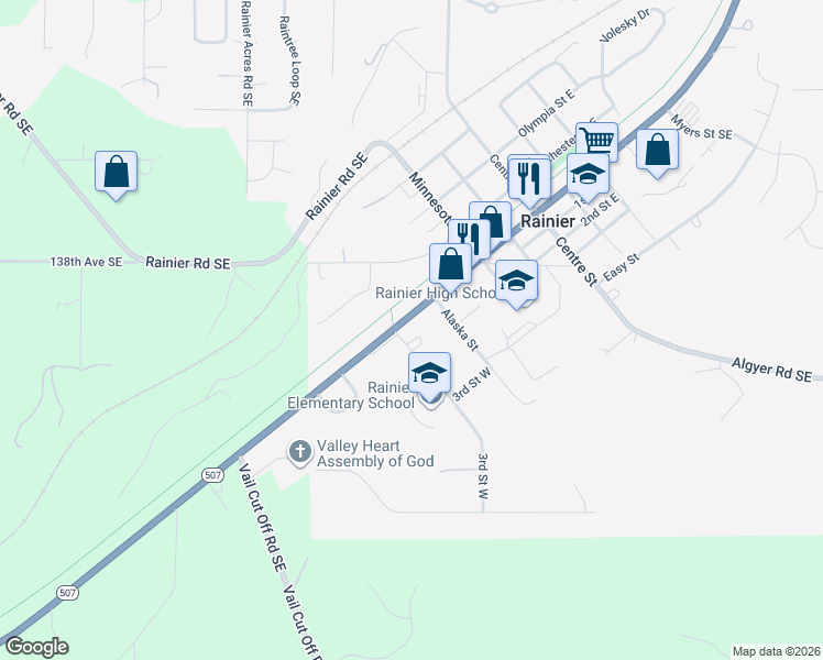 map of restaurants, bars, coffee shops, grocery stores, and more near 510 Binghampton Street in Rainier