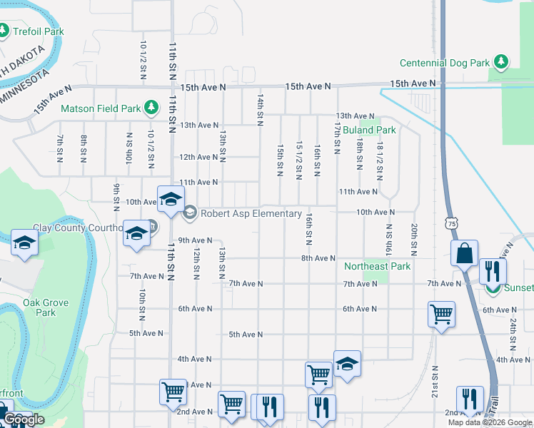 map of restaurants, bars, coffee shops, grocery stores, and more near 1001 14th Street North in Moorhead