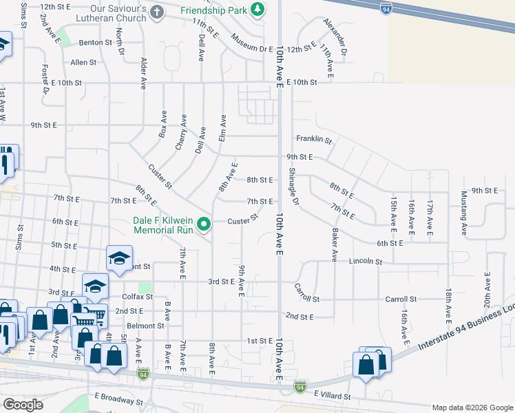map of restaurants, bars, coffee shops, grocery stores, and more near 973 7th Street East in Dickinson