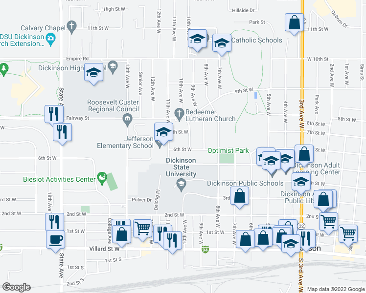 map of restaurants, bars, coffee shops, grocery stores, and more near 1020 West 6th Street in Dickinson