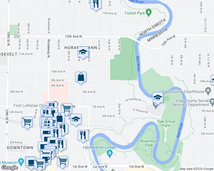 map of restaurants, bars, coffee shops, grocery stores, and more near 814 Oak Street North in Fargo