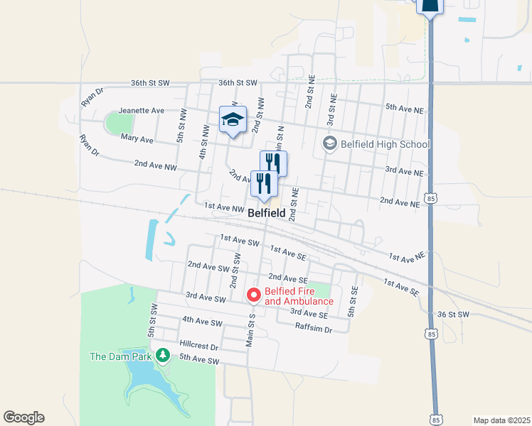 map of restaurants, bars, coffee shops, grocery stores, and more near in Belfield
