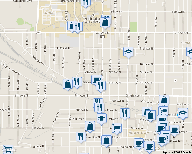 map of restaurants, bars, coffee shops, grocery stores, and more near 817 College Street North in Fargo
