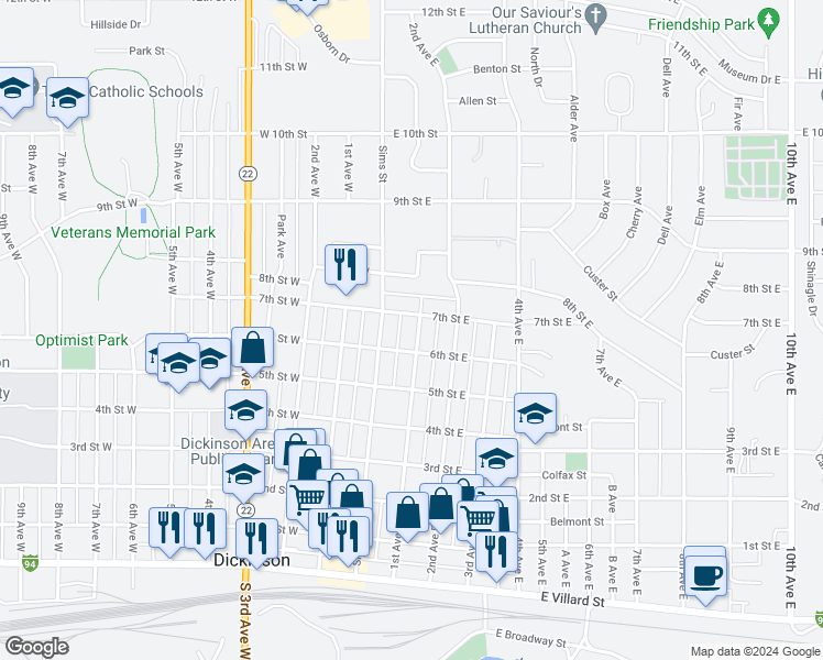 map of restaurants, bars, coffee shops, grocery stores, and more near 629 1st Avenue East in Dickinson