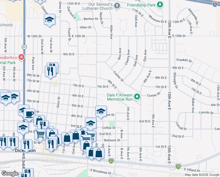 map of restaurants, bars, coffee shops, grocery stores, and more near 550 7th Street East in Dickinson