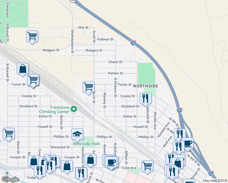 map of restaurants, bars, coffee shops, grocery stores, and more near 1410 North Dickens Street in Missoula
