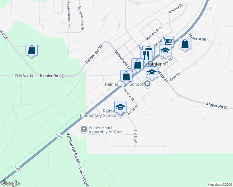 map of restaurants, bars, coffee shops, grocery stores, and more near 510 Binghampton Street in Rainier