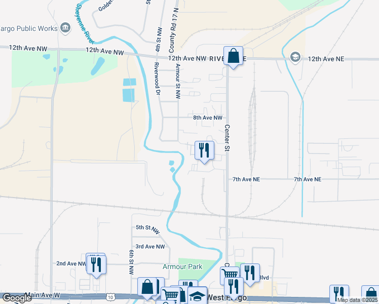 map of restaurants, bars, coffee shops, grocery stores, and more near 635 Armour Street Northwest in West Fargo