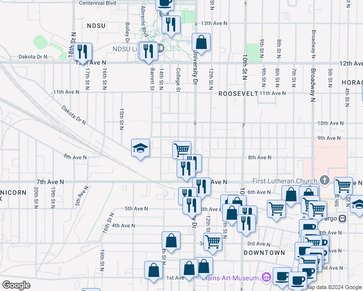 map of restaurants, bars, coffee shops, grocery stores, and more near 817 College Street in Fargo