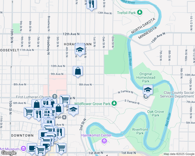 map of restaurants, bars, coffee shops, grocery stores, and more near 819 1st Street North in Fargo