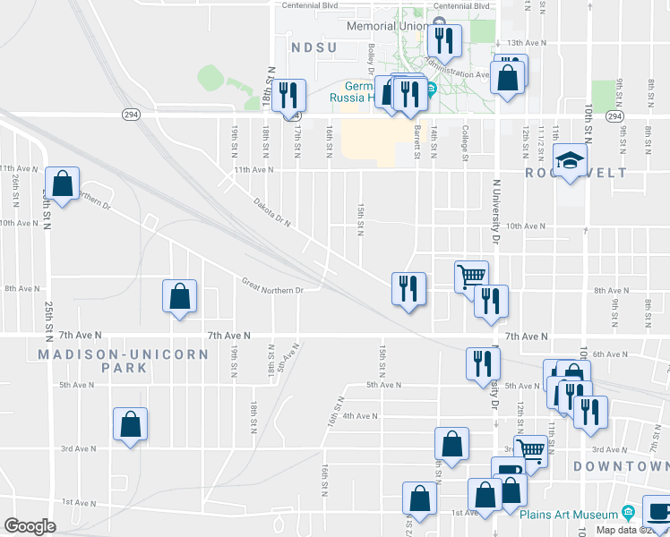 map of restaurants, bars, coffee shops, grocery stores, and more near 1516 Dakota Drive North in Fargo
