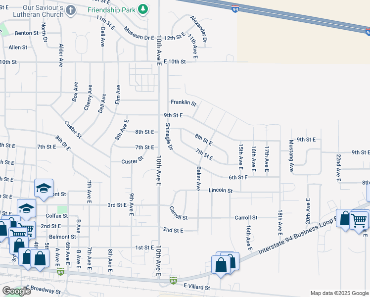 map of restaurants, bars, coffee shops, grocery stores, and more near 1226 7th Street East in Dickinson