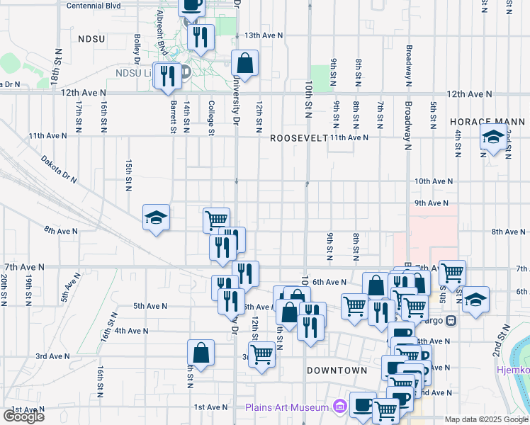 map of restaurants, bars, coffee shops, grocery stores, and more near 817 12th Street North in Fargo