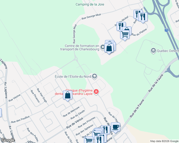 map of restaurants, bars, coffee shops, grocery stores, and more near 3621 Rue d'Awasis in Québec City