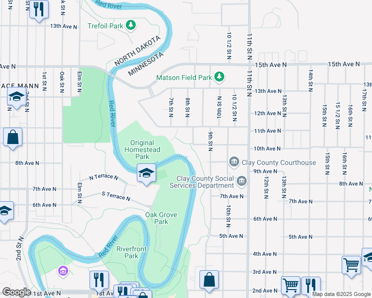 map of restaurants, bars, coffee shops, grocery stores, and more near 719 10th Avenue North in Moorhead