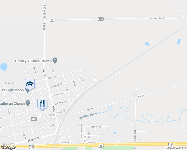 map of restaurants, bars, coffee shops, grocery stores, and more near 118 Elizabeth Street in Hawley