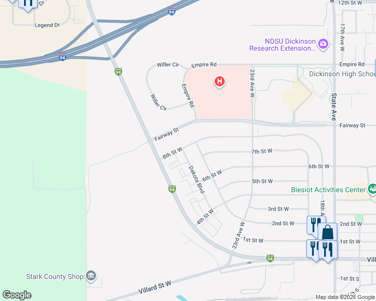 map of restaurants, bars, coffee shops, grocery stores, and more near 2650 Dakota Boulevard in Dickinson