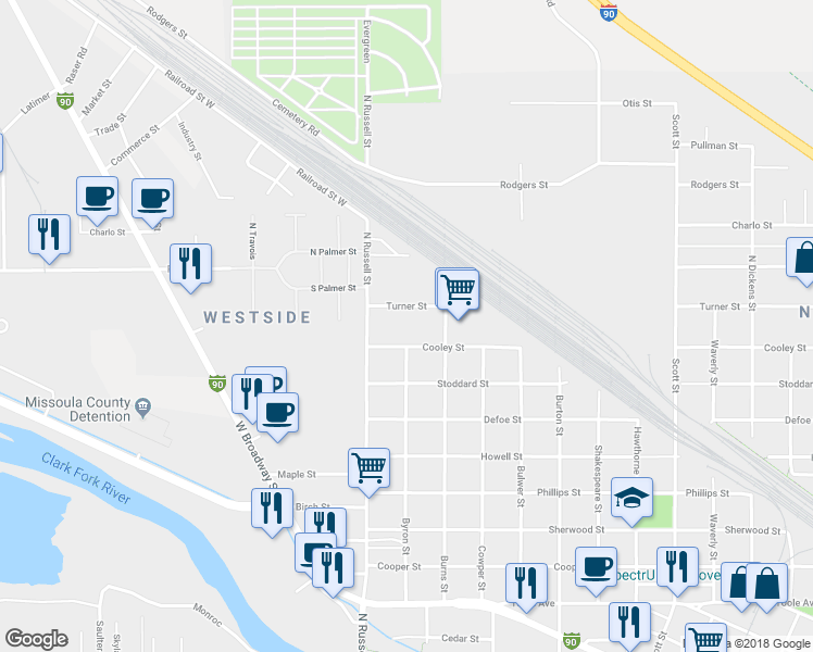map of restaurants, bars, coffee shops, grocery stores, and more near 1700 Cooley Street in Missoula