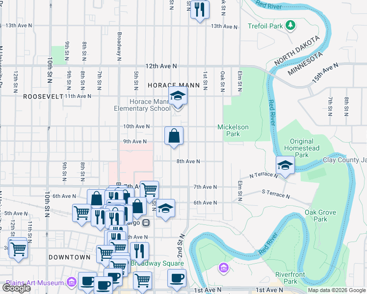 map of restaurants, bars, coffee shops, grocery stores, and more near 819 2nd Street North in Fargo
