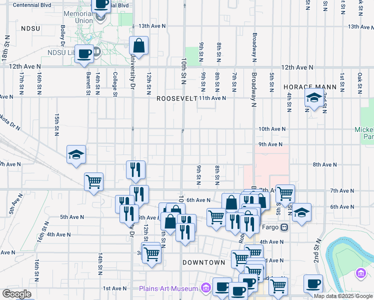 map of restaurants, bars, coffee shops, grocery stores, and more near 821 10th Street North in Fargo