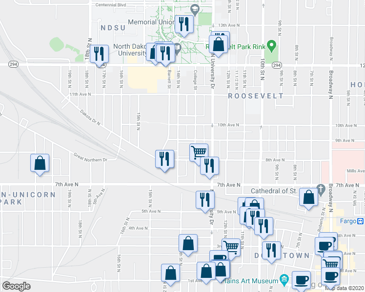 map of restaurants, bars, coffee shops, grocery stores, and more near 825 14th Street North in Fargo