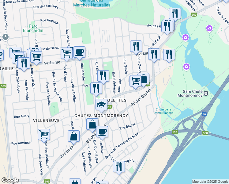 map of restaurants, bars, coffee shops, grocery stores, and more near 12 Rue Saintonge in Beauport