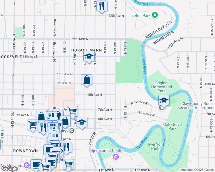 map of restaurants, bars, coffee shops, grocery stores, and more near 819 1st Street North in Fargo