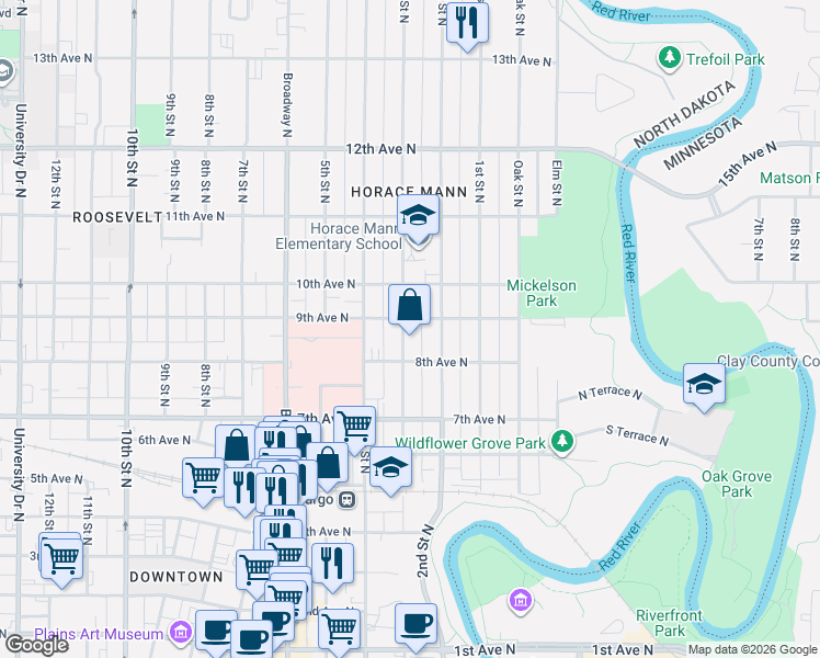 map of restaurants, bars, coffee shops, grocery stores, and more near 821 3rd Street North in Fargo