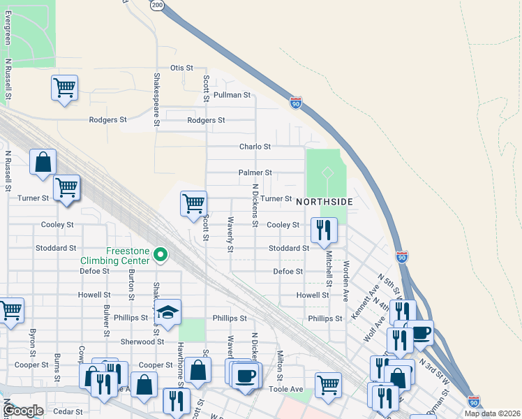 map of restaurants, bars, coffee shops, grocery stores, and more near 1410 North Dickens Street in Missoula
