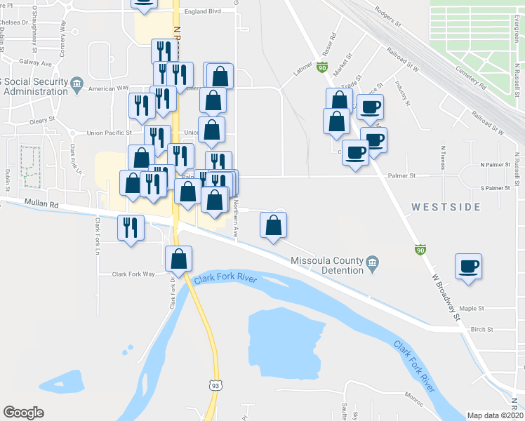 map of restaurants, bars, coffee shops, grocery stores, and more near 3063 Santa Fe Court in Missoula
