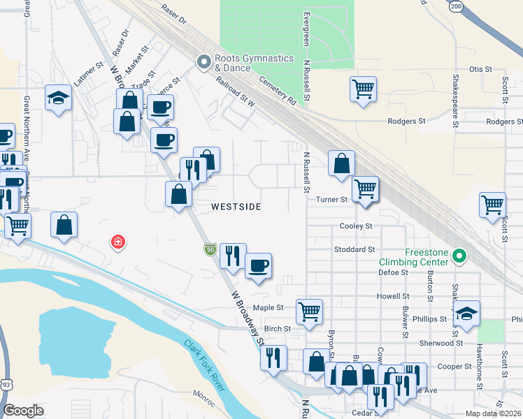 map of restaurants, bars, coffee shops, grocery stores, and more near 1 S Surrey St in Missoula