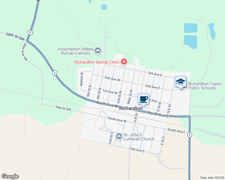 map of restaurants, bars, coffee shops, grocery stores, and more near 222 1st Avenue West in Richardton