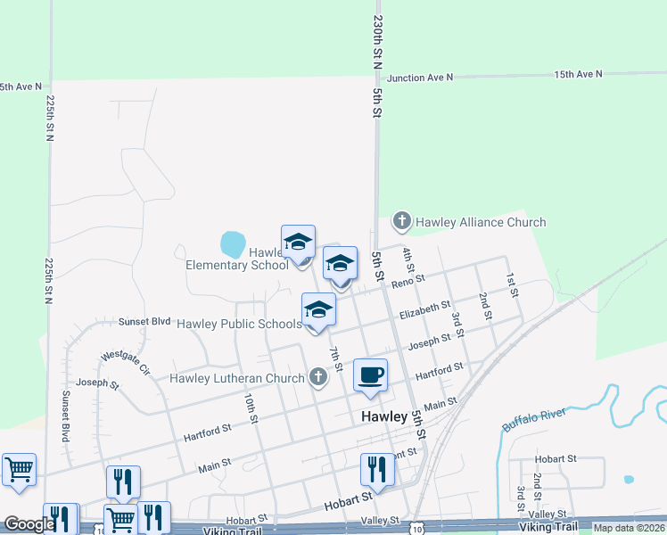 map of restaurants, bars, coffee shops, grocery stores, and more near 911 6th Street in Hawley