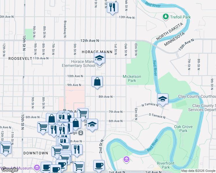 map of restaurants, bars, coffee shops, grocery stores, and more near 819 2nd Street North in Fargo