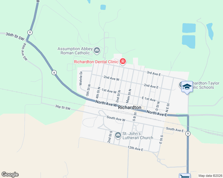 map of restaurants, bars, coffee shops, grocery stores, and more near 222-298 1st Avenue West in Richardton