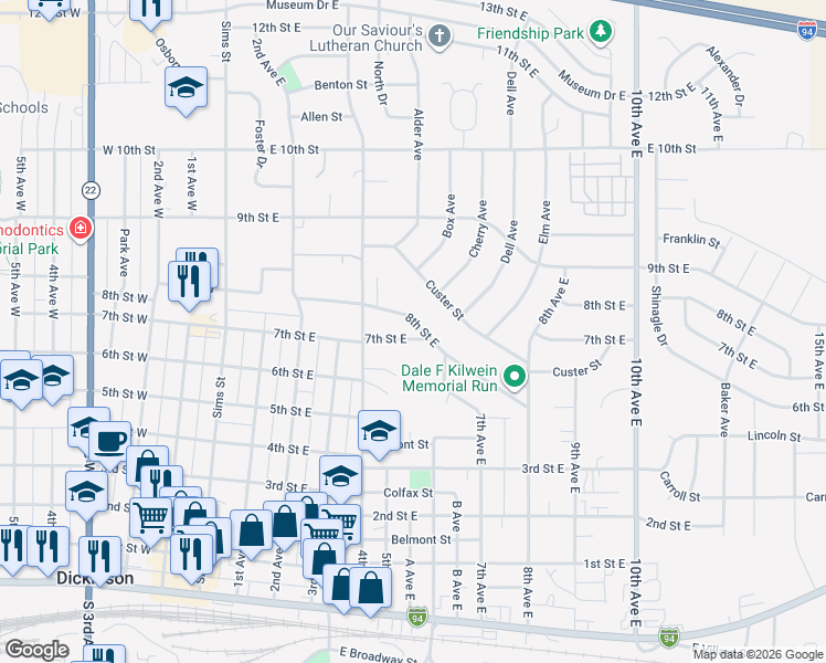 map of restaurants, bars, coffee shops, grocery stores, and more near 550 7th Street East in Dickinson