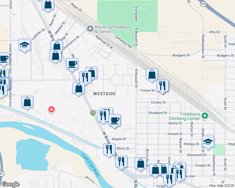 map of restaurants, bars, coffee shops, grocery stores, and more near 1 S Surrey St in Missoula