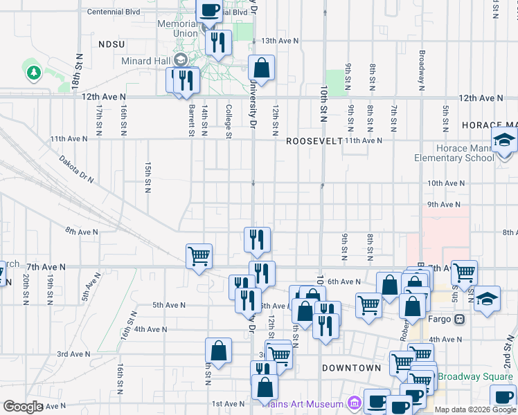 map of restaurants, bars, coffee shops, grocery stores, and more near 819-821 North University Drive in Fargo