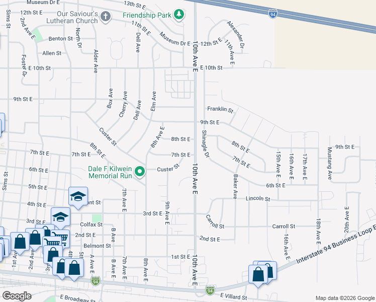 map of restaurants, bars, coffee shops, grocery stores, and more near 973 7th Street East in Dickinson