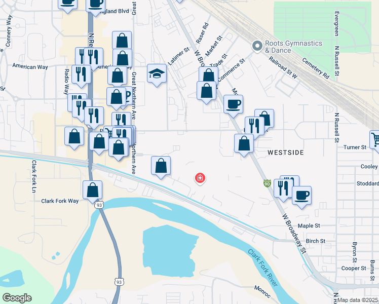 map of restaurants, bars, coffee shops, grocery stores, and more near 2685 Palmer Street in Missoula