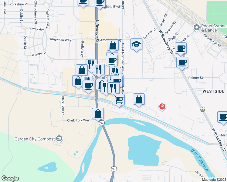 map of restaurants, bars, coffee shops, grocery stores, and more near 2230 North Reserve Street in Missoula