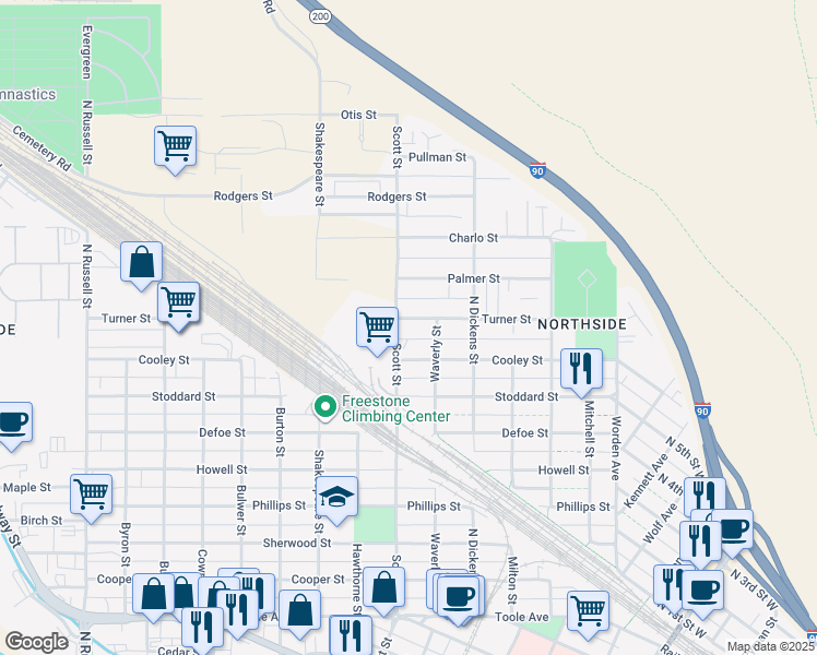 map of restaurants, bars, coffee shops, grocery stores, and more near 1424 Scott Street in Missoula
