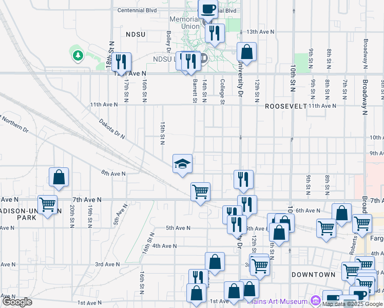 map of restaurants, bars, coffee shops, grocery stores, and more near 815 Barrett Street in Fargo